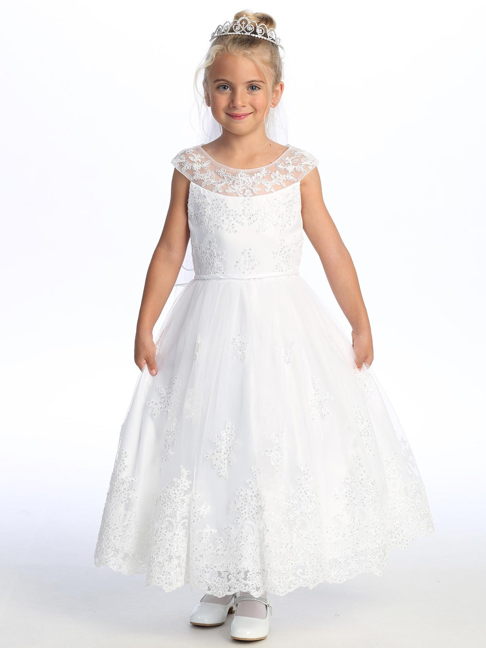 Girls White First Communion Dress popular with Corded Embroidery (194)