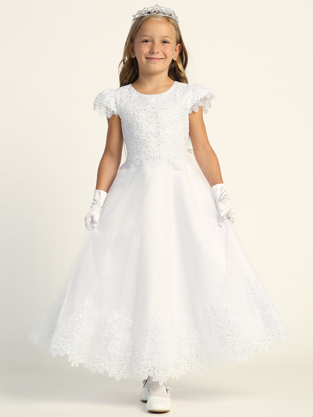 Girls White Embroidered Tulle Cap Sleeve Communion Dress 6 14 8