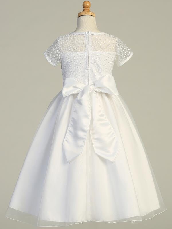 Elegant White First Communion Dress with Embroidered Tulle & Organza Skirt