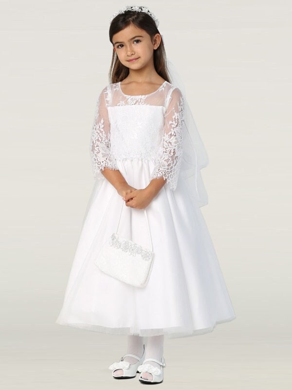 First Communion Dress with Box Pleated Skirt - White | Designer flower girl  dresses, First communion dresses, Communion dresses